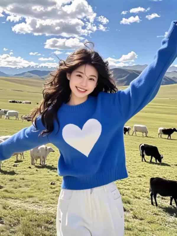 ニット レディース 秋冬 ゆったり かわいい ブルー 愛心柄 プルオーバー 接触冷感 セーター ニット トップス ラウンドネック ドロップショルダー 短め丈