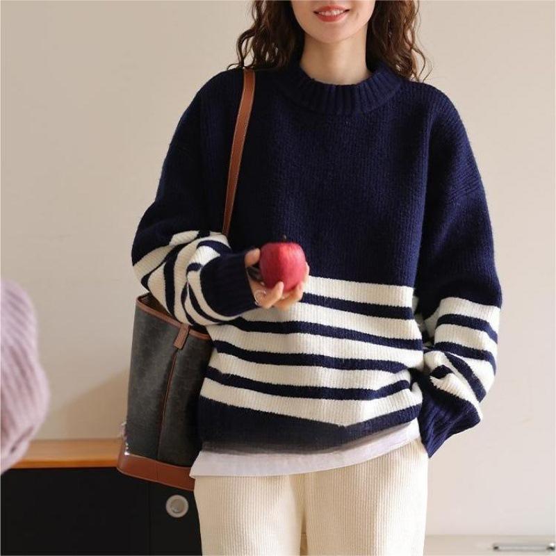 ニット レディース 秋冬 韓国風 ストライプ カジュアル トップス セーター 学院風 ゆったり 普段使い かわいい 長袖 接触冷感