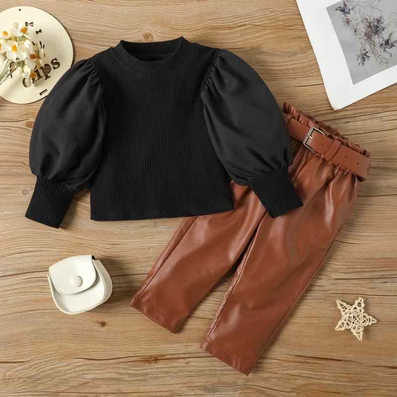 Top & Bottom Sets - 子供服 女の子 秋冬 セットアップ ブラウス 直筒 レザー パンツ 2点 上下セット かわいい おしゃれ キッズ トップス ボトムス 長袖 パフスリーブ フェイクレザー