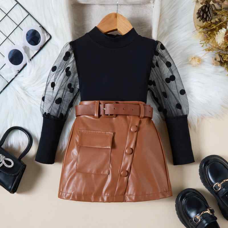 子供服 女の子 長袖トップス チュール パフスリーブ ミニスカート セットアップ 3点セット 春秋 かわいい ガールズ 上下セット