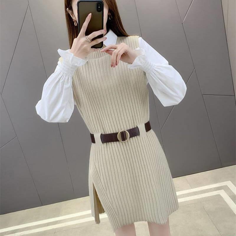 ニット レディース アンサンブル 秋冬 3点セット ベスト シャツ ベルト ニットベスト インナーシャツ トップス 重ね着 かわいい レイヤード あったか 暖かい 防寒着 通勤着 普段使い(4.0)