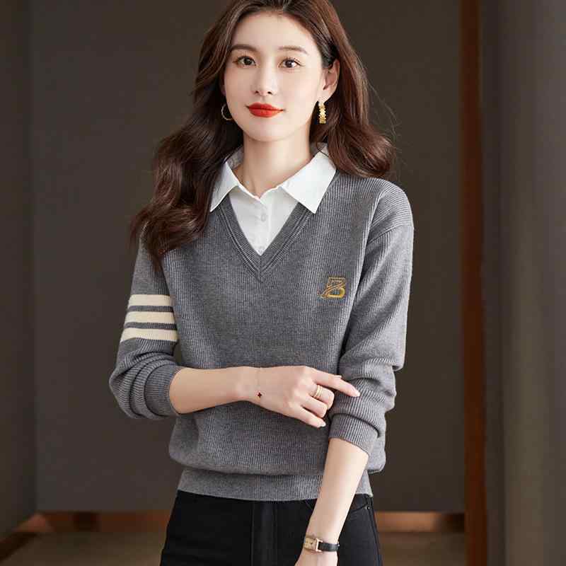 ニット レディース トップス シャツ襟 長袖 フェイクレイヤード 配色 おしゃれ かわいい 春秋 カットソー ブラウス プルオーバー 普段使い