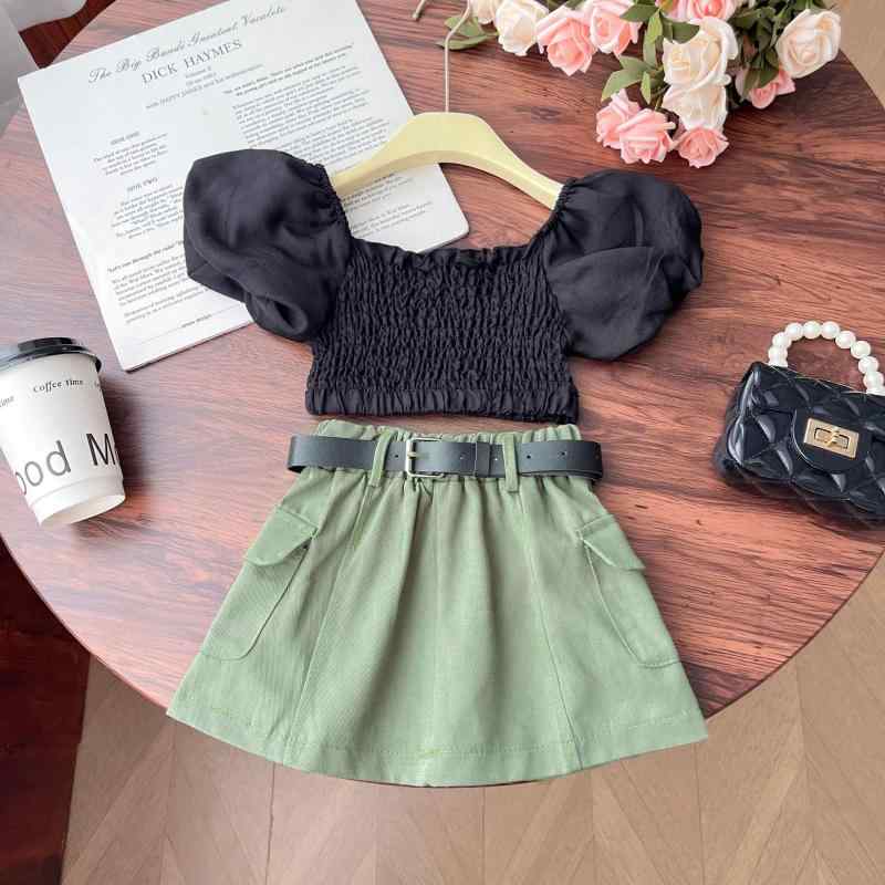 子供服 セットアップ 春夏 ガールズ パフスリーブ トップス ワークスカート ベルト付き かわいい おしゃれ ガーリー カジュアル