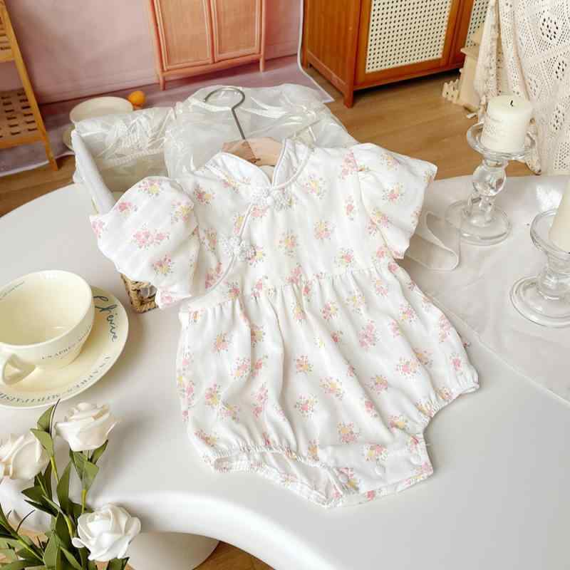 ベビー ロンパース 女の子 子供服 薄手 復古 花柄 カバーオール パジャマ 普段使い かわいい 春夏・素材: 綿・袖丈: 半袖・対象年齢: 婴幼童(1~3歳，80~100cm)・性別: 女・メイン素材: 綿95%・スタイル: プリンセス・款式: 短爬・カラー: 杏色・対象身長: 73cm, 80cm, 90cm・製品カテゴリ: ロンパース