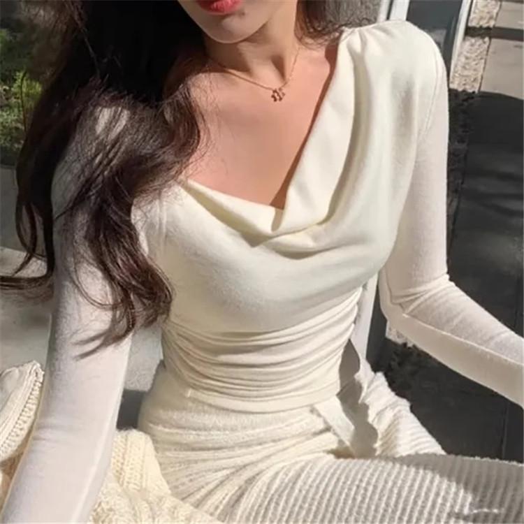 Tシャツ レディース 斜め襟 アシンメトリー スリムフィット 着痩せ トップス ショート丈 カットソー 春 インナー