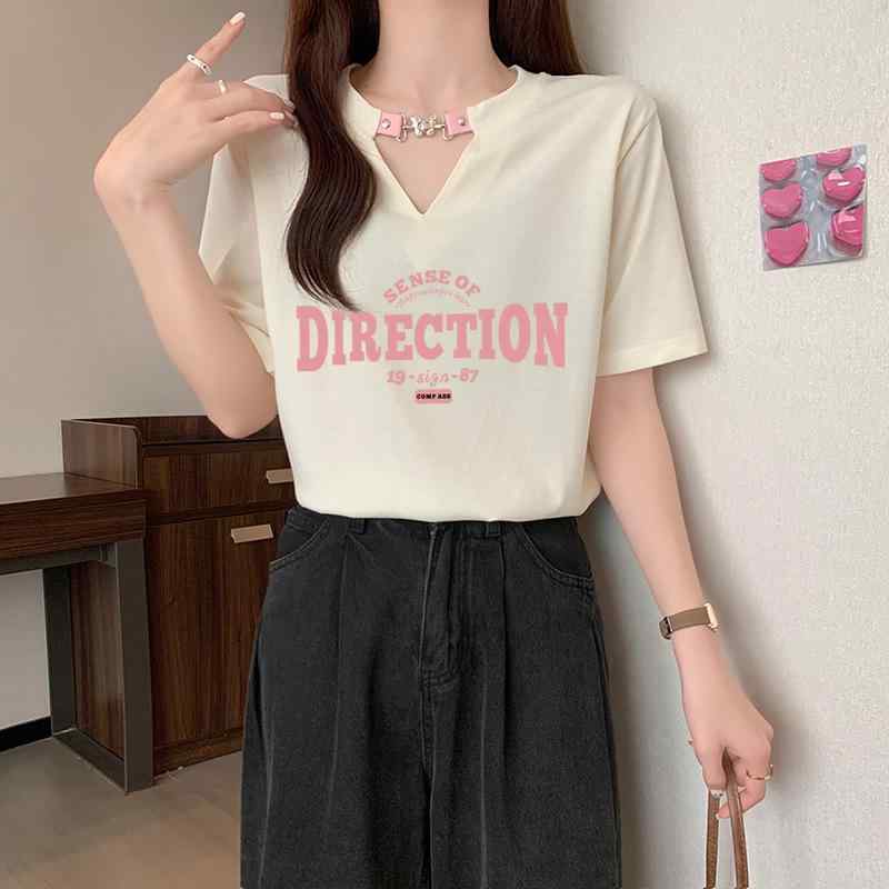 Tシャツ レディース 半袖 Vネック カットソー トップス 韓国風 コットン100% プリント ゆったり 体型カバー 普段使い ラフ2