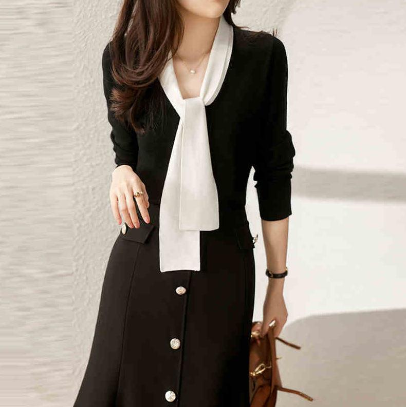 ニット レディース 長袖 配色 春秋 トップス カジュアル 通勤 オフィス フレンチスタイル エレガント 気質