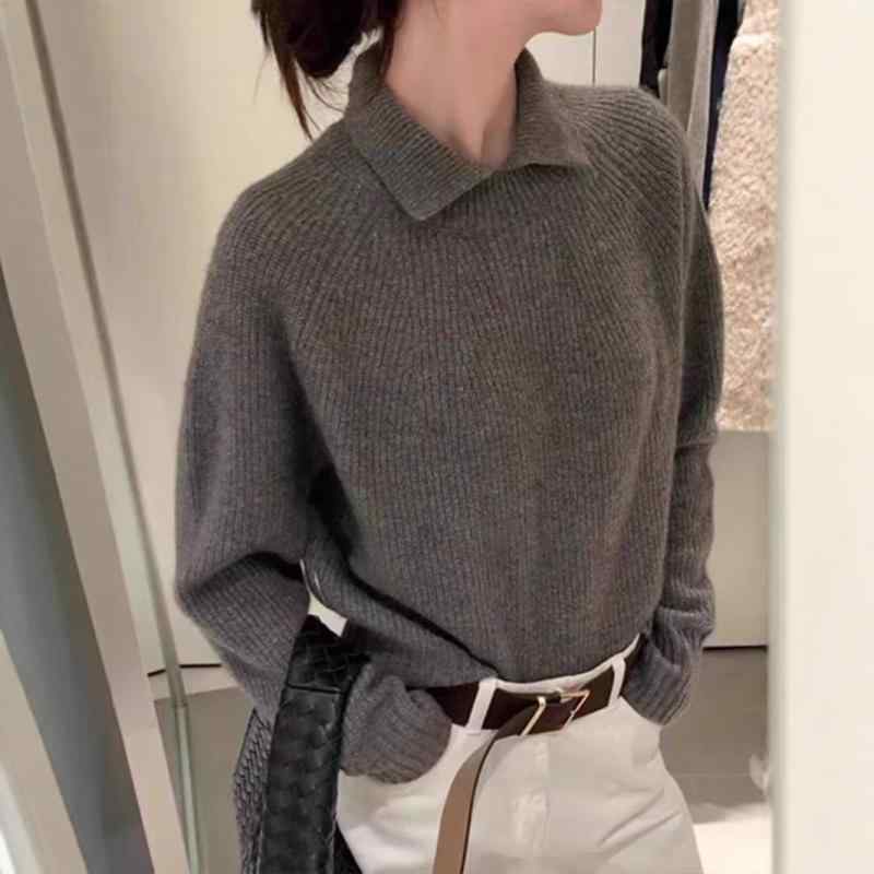ニット レディース 秋冬 ファッション 小襟 トップス プルオーバー エレガント きれいめ 着痩せ 配色 おしゃれ