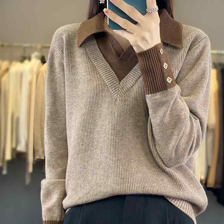 乐天商城 - ニット レディース 秋冬 フェイクレイヤード シャツ襟 プルオーバー トップス セーター 毛混紡 あったか 暖かい ゆったり かわいい カジュアル