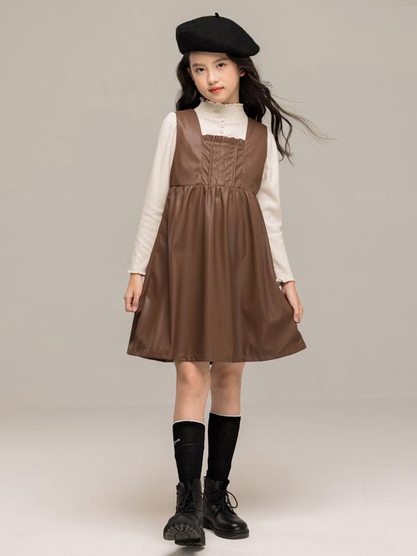 ワンピース キッズ 長袖 打底衫 ベスト付き フェイクレザー スカート 2点セット 高級感 ファッション 秋服