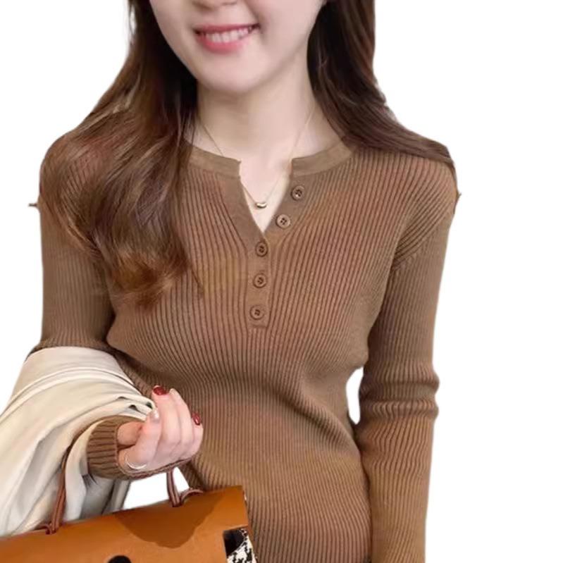 ニット レディース Vネック 秋冬 長袖 トップス インナー スリム タイト 伸縮性 プルオーバー カットソー ボタン付き セーター