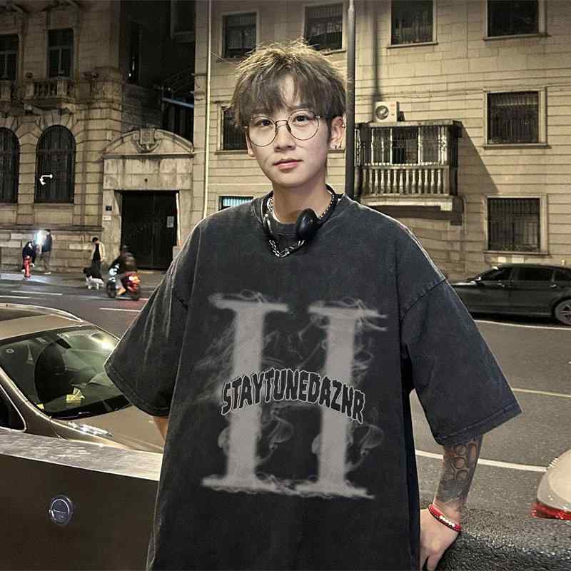 Tシャツ 男性用 半袖 トップス 青年 宽松 麂皮绒 プリント カットソー 重磅 レトロ 上衣