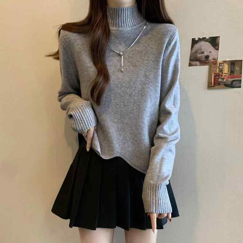 ニット レディース 秋冬 トップス ハーフネック ゆったり 不規則 長袖 プルオーバー ドロップショルダー チュニック丈 セーター あったか 暖か カットソー 体型カバー カジュアル きれいめ2(4.0)