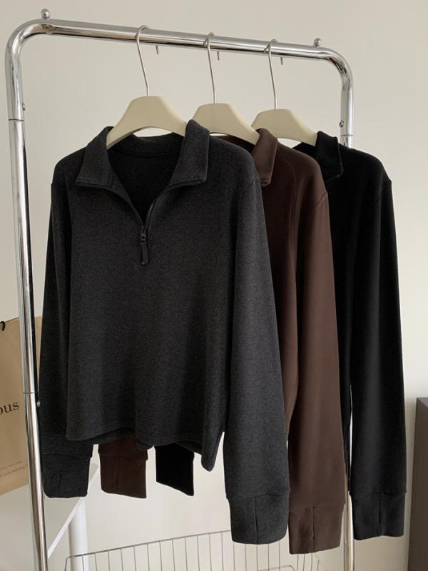 樂天商城 - Tシャツ レディース 秋冬 ハーフジップ プルオーバー カットソー 長袖 ドイツ製ベロア 立襟 スリムフィット ゆったり 接触温感 あったか インナー トップス