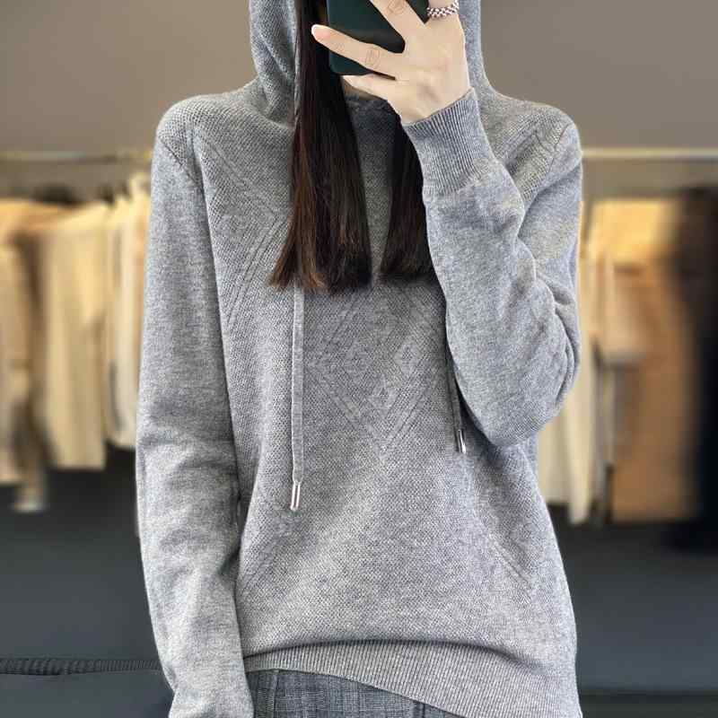 Three-Quarter Knit - ニット レディース 秋冬 長袖 パーカー 菱形 ジャカード セーター ゆったり カジュアル 普段使い 部屋着 かわいい あったか トップス
