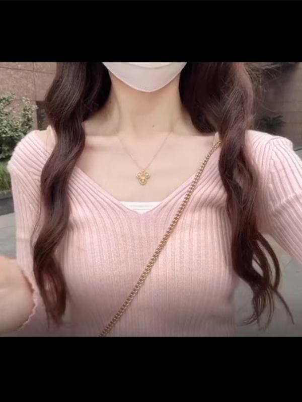 无袖针织 - ニット レディース 春 トップス ピンク系 Vネック インナー プルオーバー かわいい ガーリー フェミニン デザイン 長袖 伸縮性 普段使い デート