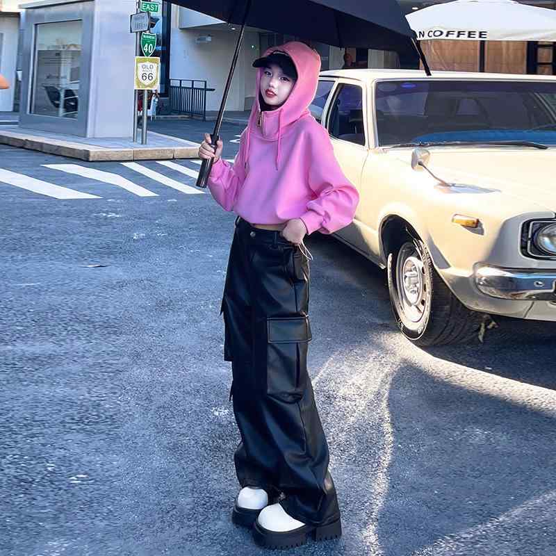 キッズ 秋冬 セットアップ 韓国風 ゆったり ショート丈 ドローストリング トレーナー ワイドレッグ ワーク レザーパンツ