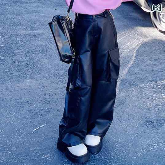 キッズ 秋冬 セットアップ 韓国風 ゆったり ショート丈 ドローストリング トレーナー ワイドレッグ ワーク レザーパンツ