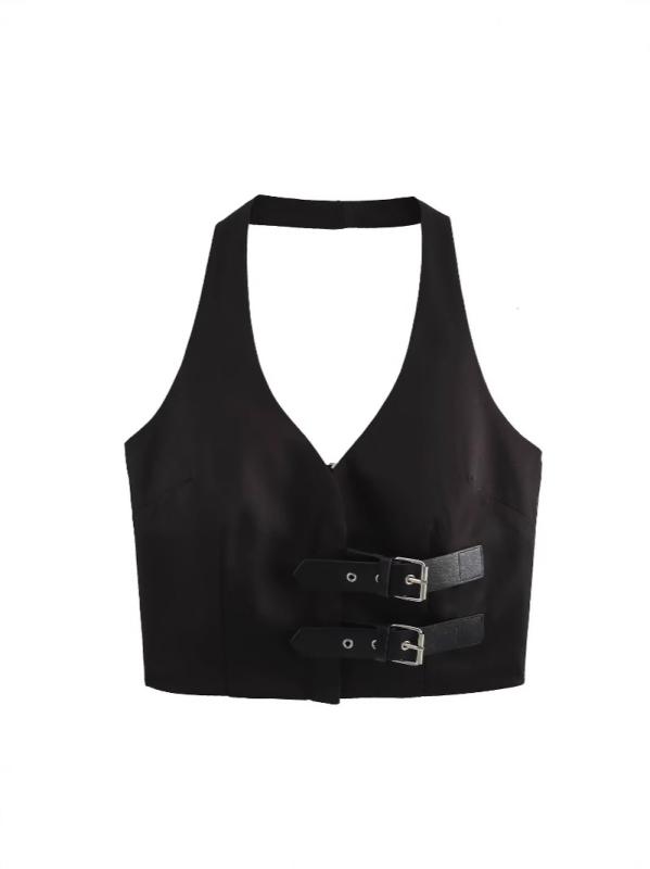 トップス レディース 春夏 欧米風 フェイクレザー ベルト飾り ノースリーブ カットソー きれいめ おしゃれ2