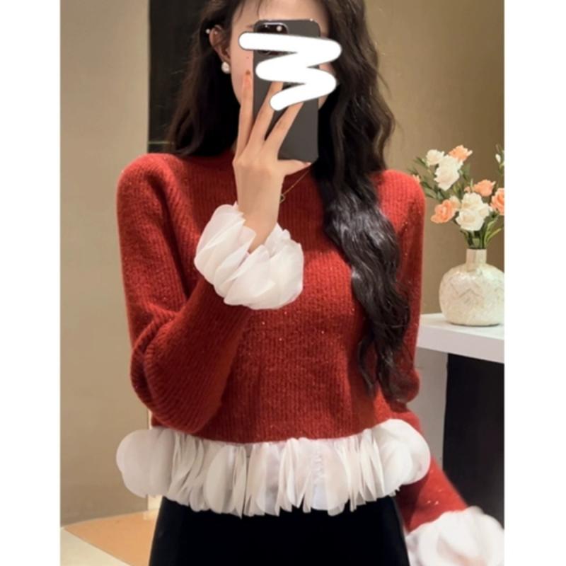 ニット レディース 秋冬 トップス レトロ 配色 花びら袖 プルオーバー スリム 着痩せ セーター カットソー 普段使い かわいい おしゃれ