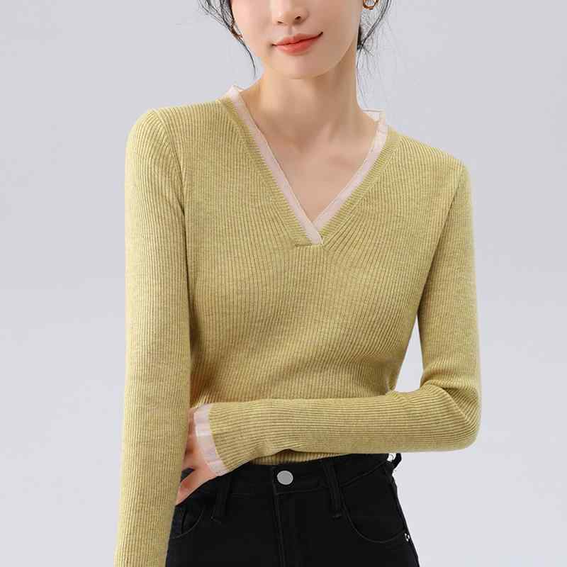 ニット レディース Vネック トップス プルオーバー セーター ニットインナー 無地 スリム タイト ウエストシェイプ 伸縮性 ストレッチ 秋冬