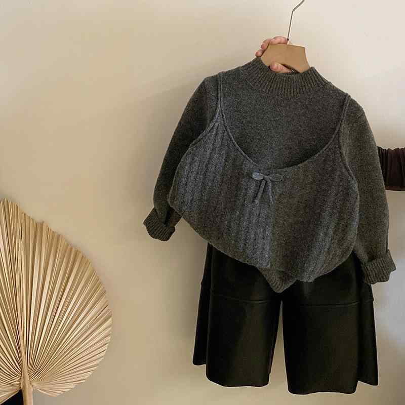 ニット レディース 秋冬 フェイクレイヤード 蝶結び あったか 裏起毛 カットソー トップス レザーパンツ スキニーパンツ 防寒 おしゃれ かわいい カジュアルスタイル