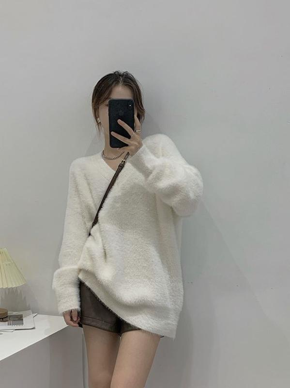 Three-Quarter Knit - ニット レディース 長袖 秋冬 Vネック プルオーバー トップス レトロ 仿貂感 柔らか かわいい 暖かい ふわふわ ゆったり