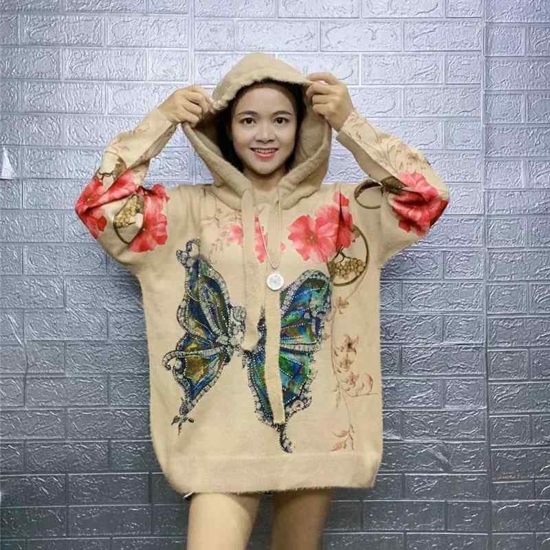 パーカー レディース ゆったり レトロ ちょうちょ バタフライ プリント ラインストーン ニット セーター ミンク カシミア タッチ トップス アウター2