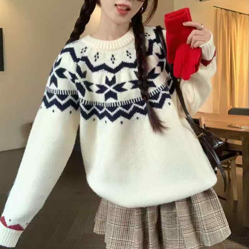 ニット レディース 秋冬 フェアアイル柄 レトロ 提花 ゆったり ソフト 長袖 プルオーバー トップス ニットセーター かわいい あったか ..