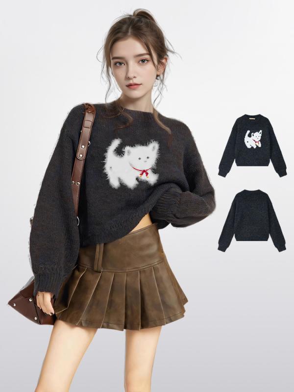 ニット レディース 秋冬 プルオーバー ブラック 猫柄 レトロ 厚手 小柄 向け 短め丈 あったか トップス インナー カットソー 浣熊 混紡 ふわふわ かわいい カジュアル スタイル