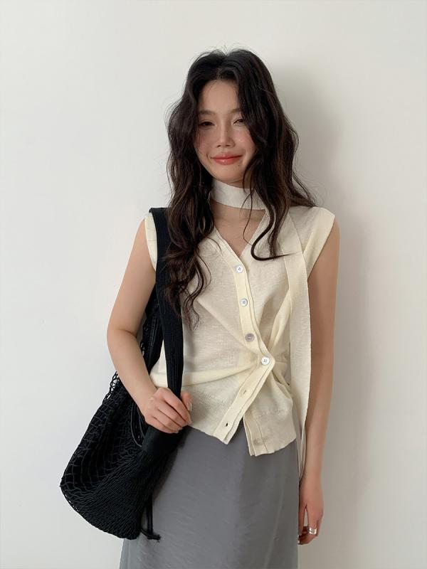 Three-Quarter Knit - ニット レディース ノースリーブ カーディガン デザイン性 ニットカーディガン 羽織り トップス カットソー 重ね着 レイヤード カジュアル