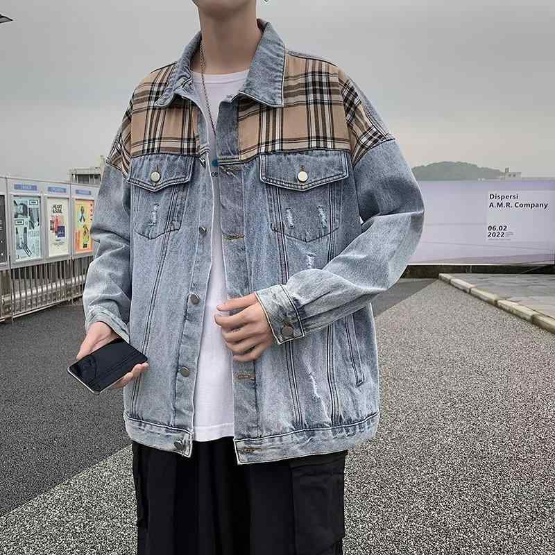 Other - ジャケット メンズ 男性用 秋冬 格子柄 デニム 切り替え スタジャン ブルゾン ジャンパー ワークウェア アウター 韓国 普段使い