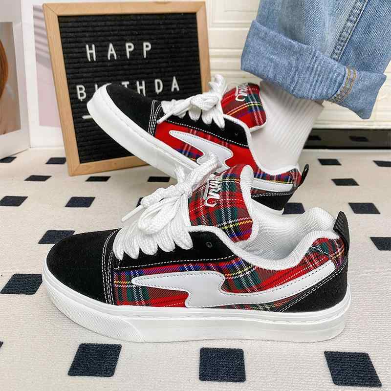 スニーカー 男女兼用 ペア スコットランド チェック レトロ スポーツ スニーカー トレンド ローカット ..