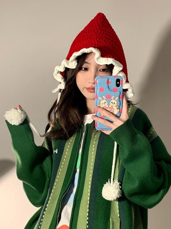 ニット帽 レディース 秋冬 手編み 暖か 防寒 ポンチョ風 帽子 赤色 レッド フリンジ リボン あったか かわいい おしゃれ2(4.0)