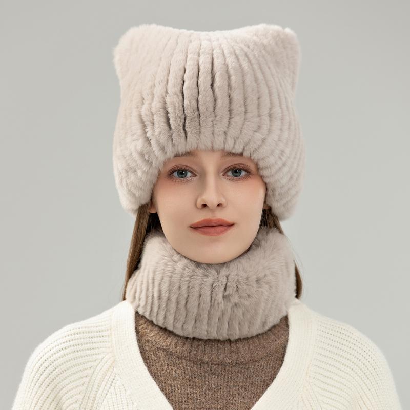 Hats - 帽子 レディース 秋冬 韓国風 かわいい 暖かい 小熊 うさぎ protection ニット帽 ネックウォーマー フェイクファー