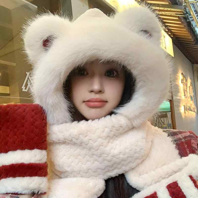 For Women - 帽子 レディース 秋冬 ニット帽 マフラー 手袋 一体型 かわいい 小熊 あったか 防寒 保温 ふわふわ モコモコ