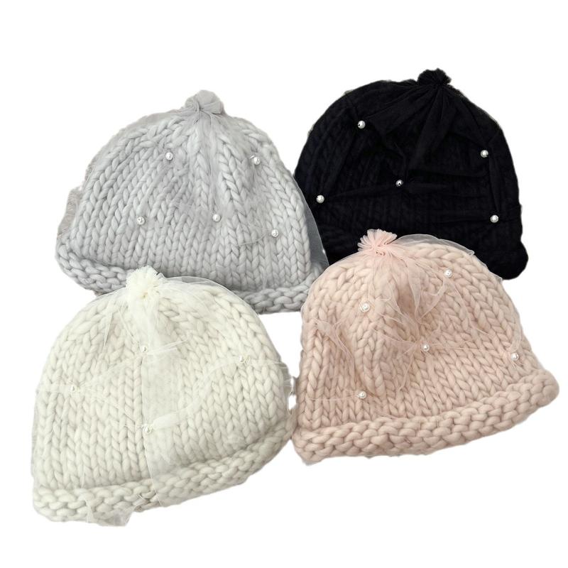 帽子 レディース 秋冬 ニット帽 粗 вязаная шапка メッシュ パール 手編み風 毛糸 ファッション ロールブリム 耳当て付き 防寒 暖かい 包頭帽2