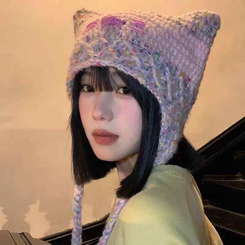 帽子 レディース かわいい 猫耳 ニット帽 秋冬 防寒 保温 小顔効果 暖かい ニット 帽子 耳あて付き ピンク系2
