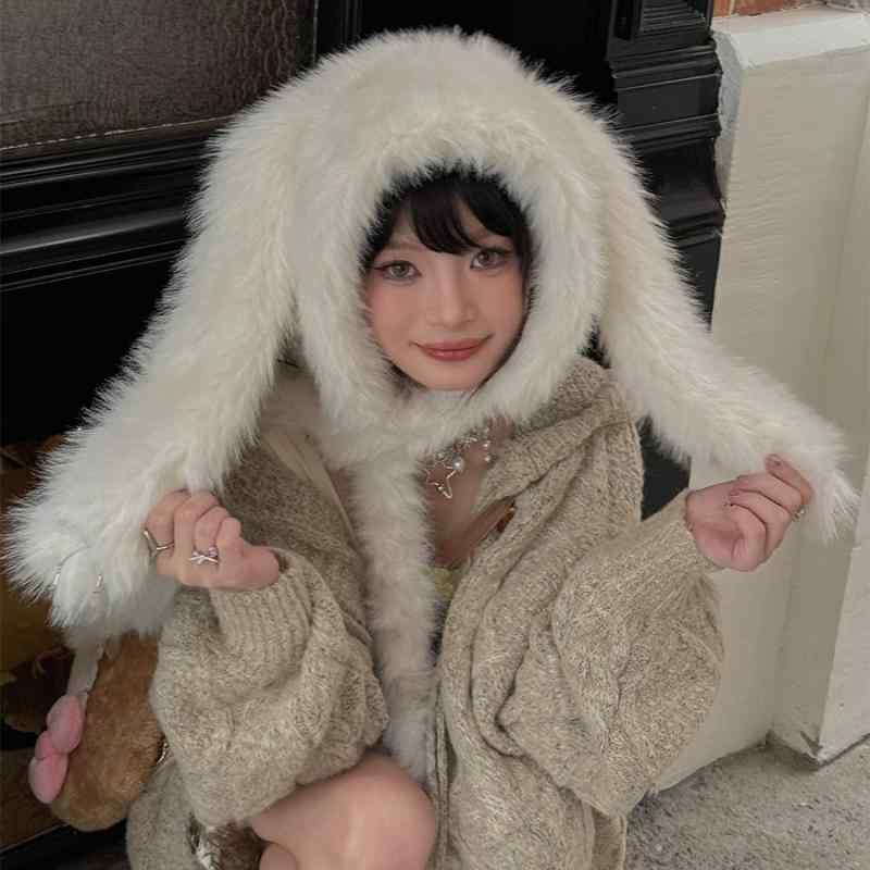 帽子 レディース 秋冬 かわいい 耳付き うさぎ ふわふわ もこもこ あったか 防寒 一体型 スヌード ネックウォーマー