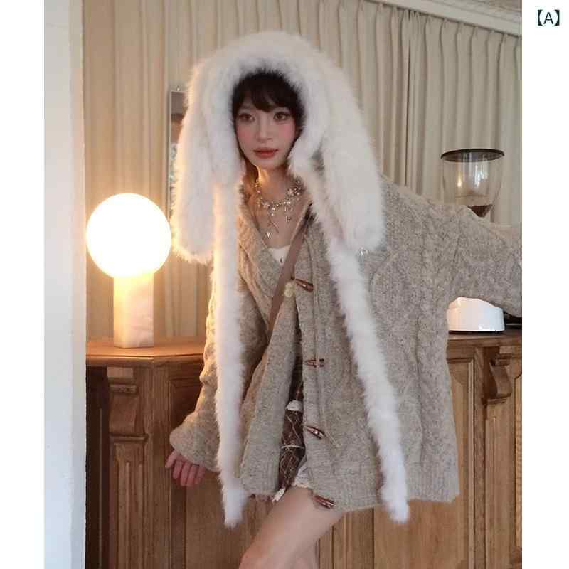 帽子 レディース 秋冬 かわいい 耳付き うさぎ ふわふわ もこもこ あったか 防寒 一体型 スヌード ネックウォーマー 2