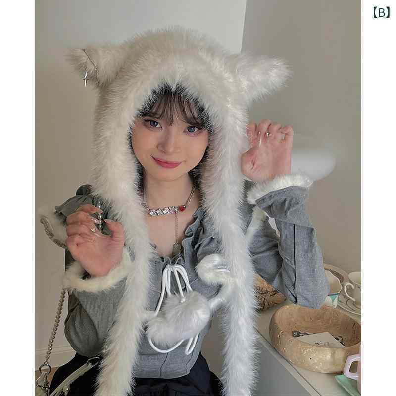 帽子 レディース 秋冬 かわいい 耳付き うさぎ ふわふわ もこもこ あったか 防寒 一体型 スヌード ネックウォーマー 3