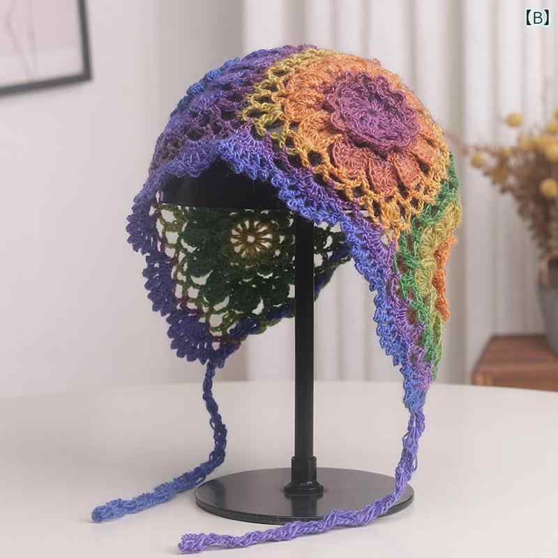 帽子 レディース ニット帽 カラフル 透かし編み 花柄 リボン付き 春夏 小顔効果 かわいい 手編み 毛糸2
