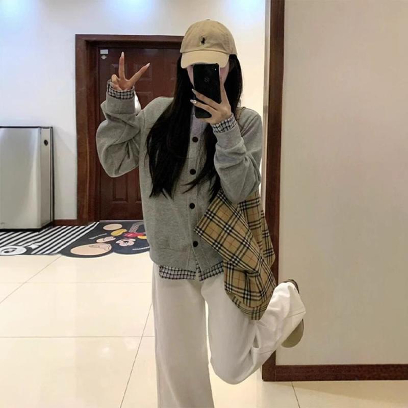 スウェット レディース 秋冬 トップス 美式 グレー フェイクレイヤード 野球 服 ジャケット アウター