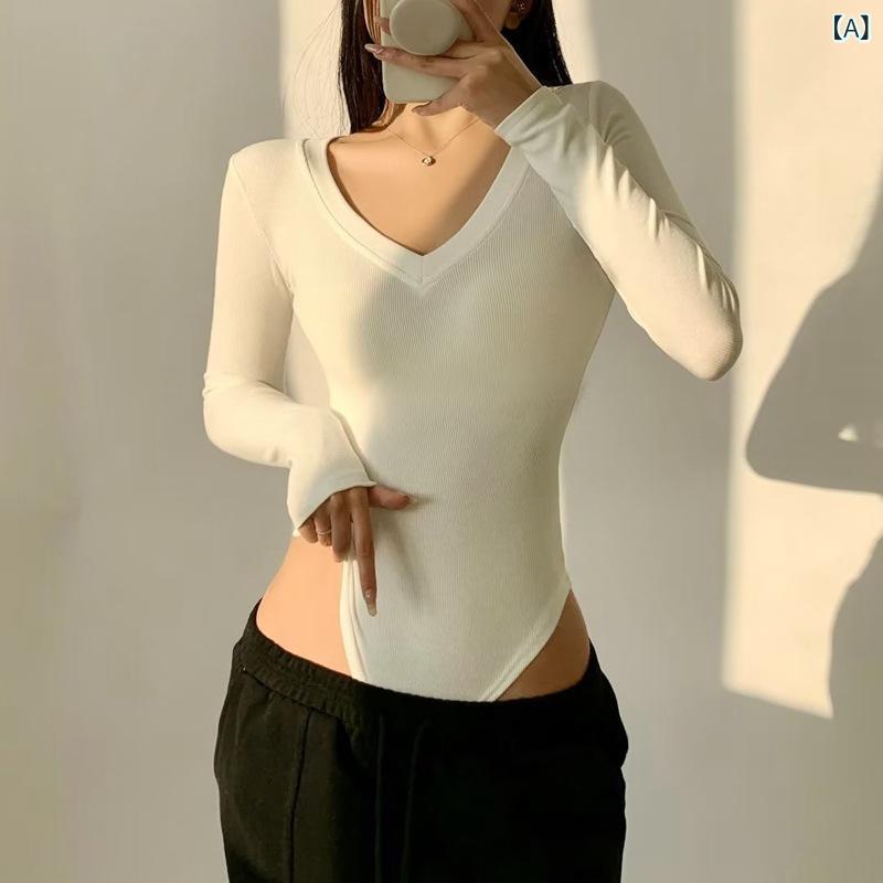ソファポテトのTシャツ レディース 秋冬 セクシー Vネック 長袖 ベルベット 無地 トップス インナー 普段使い 部屋着｜アングル2