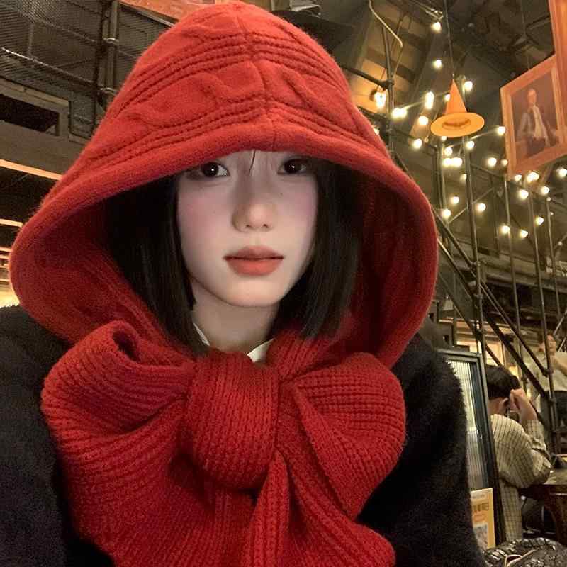 バラクラバ レディース 秋冬 帽子 ニット帽 スヌード 一体型 防寒 対策 あったかグッズ 赤色 レトロ かわいい