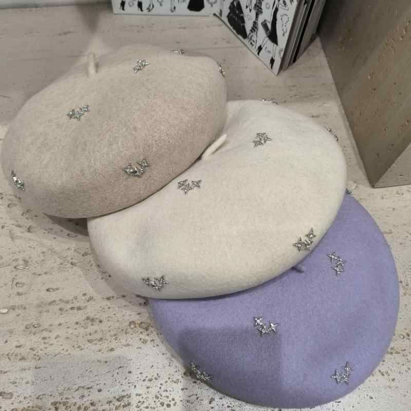 帽子 レディース 秋冬 ウール ベレー帽 ハンドメイド オーストラリア産羊毛 キラキラ 星飾り 画家帽 ベレー