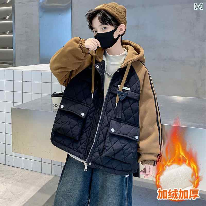 男童加绒外套冬季加厚派克服2024新款中大童时髦帅气男孩外套批发・スタイル: カジュアル・主な素材: 聚酯纤维（涤纶）・ネックライン: 翻领・袖丈: 长袖・柄: 字母・カラー展開: ブラック・サイズ展開: 120cm,130cm,140cm,150cm,160cm,170cm