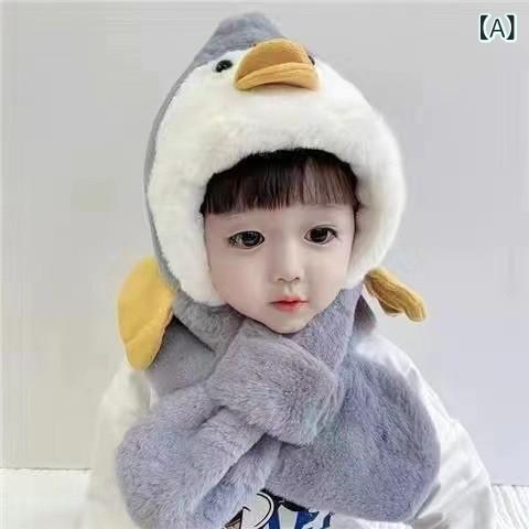 帽子 キッズ 秋冬 防寒 裏起毛 ペンギン かわいい 男の子 女の子 ニット帽 マフラ...