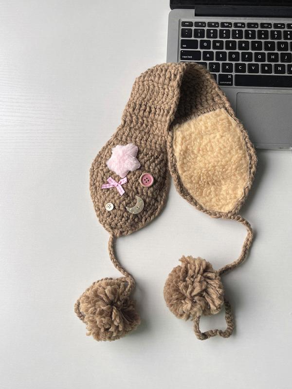 ニット帽 レディース 秋冬 暖かい 星 月 ボタン 飾り 編み込み イヤーマフ リボン 防寒