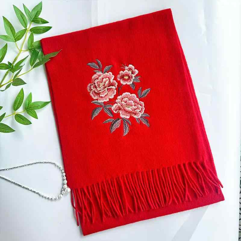 Stole - マフラー レディース 秋冬 保温 ウール 刺繡 ショール ストール 結婚式 母の日 新年 赤色 暖かい 防寒